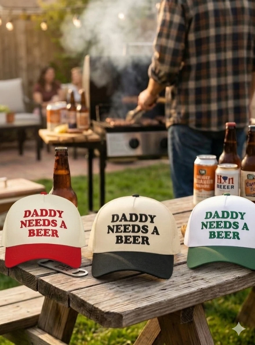 Funny "Daddy Needs A Beer" Embroidered Cream Baseball Snapback Cap [New/OSFA]