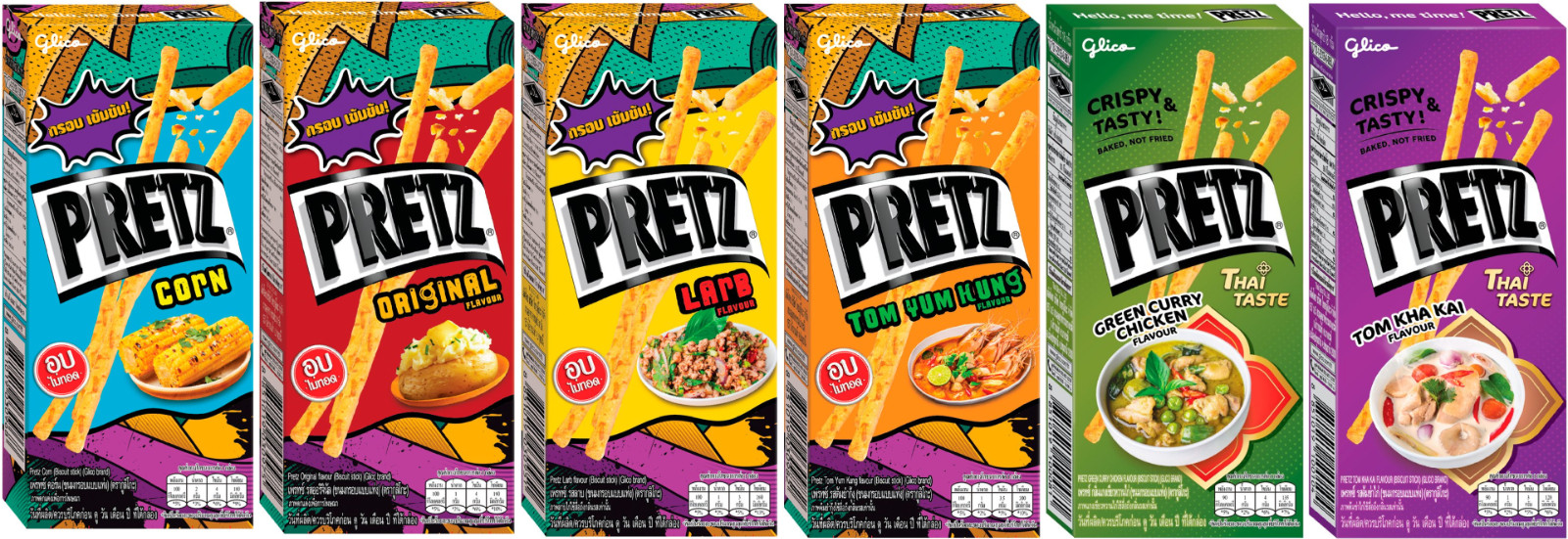 Juego de bocadillos tailandeses Glico Pretz 6 sabores - larba, Tom Yum, Tom Kha, curry verde, maíz
