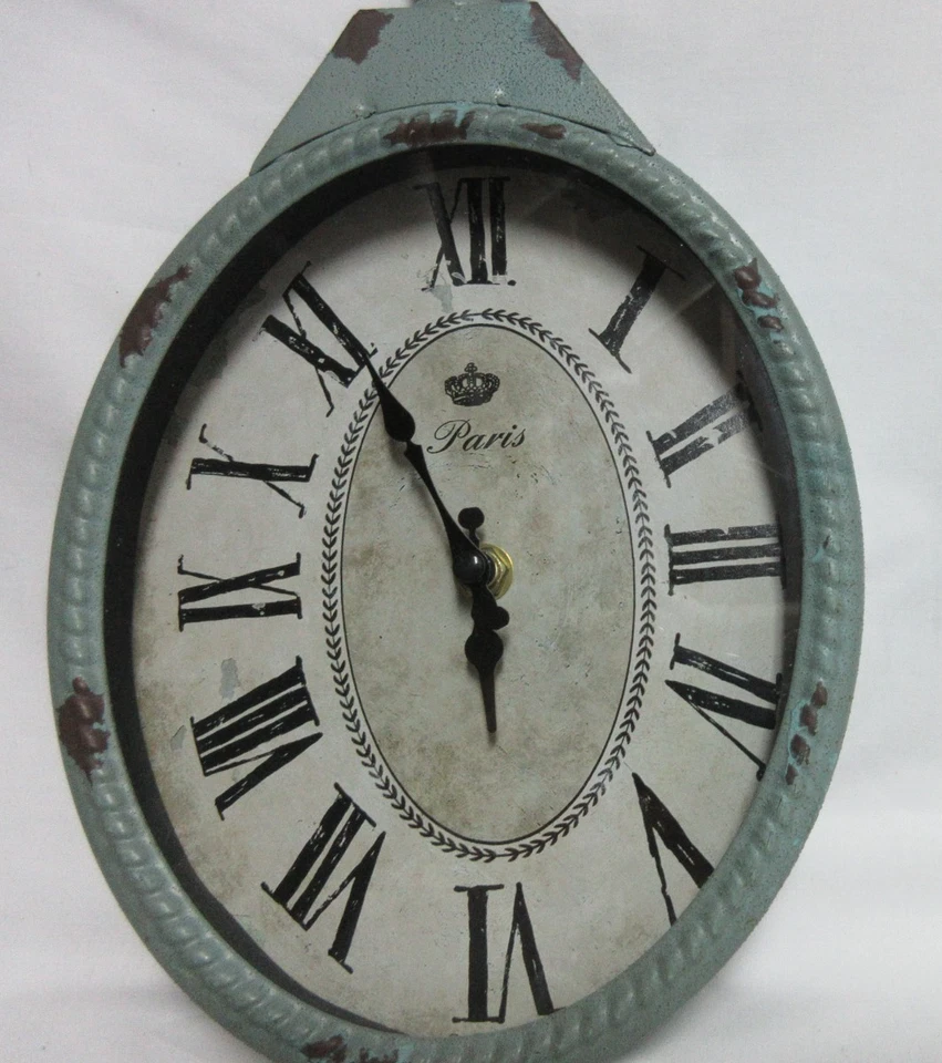 Distressed Duck Egg Blue Oval Paris Metal Wall Clock Battery Oper. Cottage Core - Image 4 of 4