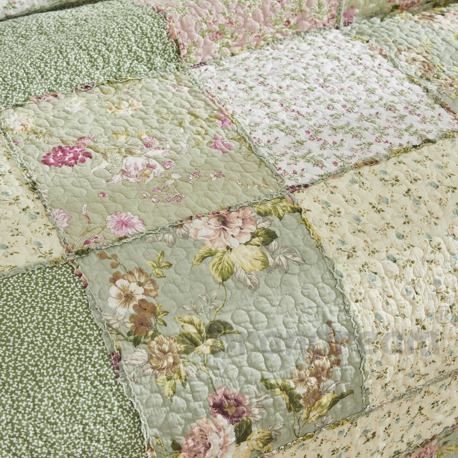 King Size Quilt Set Cotton Patchwork Quilts Green Rose Floral Quilted Comfort...