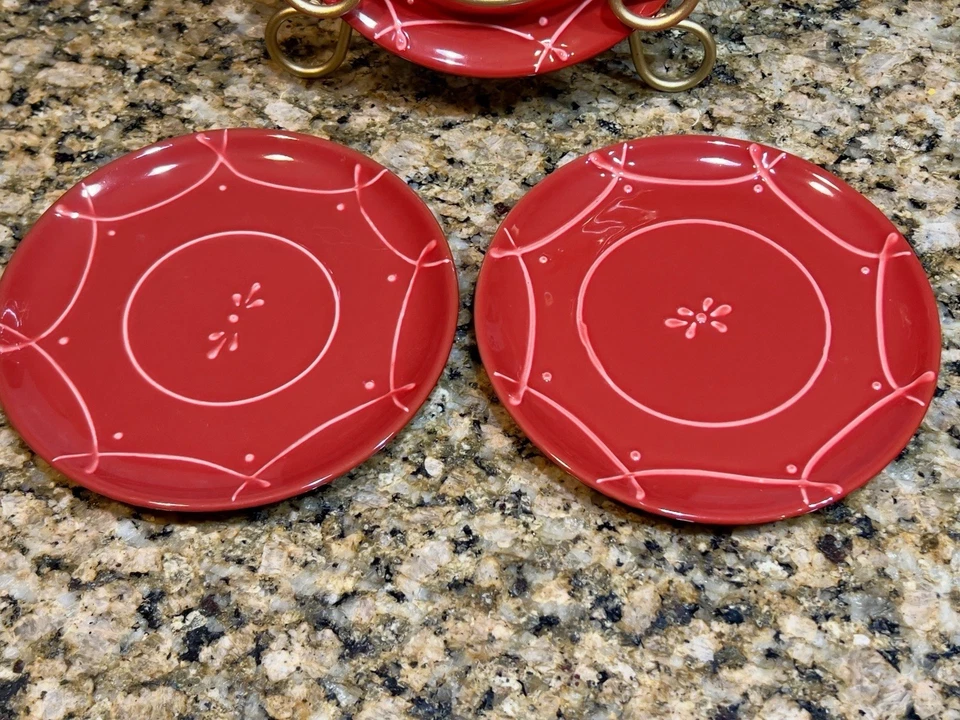 Crate & Barrel Red Appetizer Plates– Set of (3)6-5/8 Embossed Ornate Design - Image 4 of 4