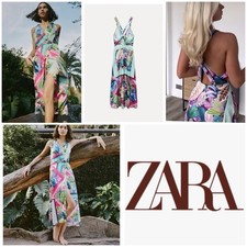 NWOT Zara Women XS Satin Tropical Print Midi high slit Dress open back faux wrap