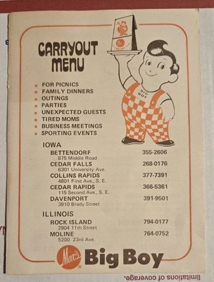 VTG Marc's Big Boy Restaurant Diner Carry Out Menu Souvenir Menu Iowa IL D16