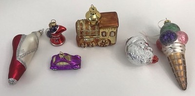 Glass Christmas Ornaments Lot Of 6 Santa Ice Cream Cone Ballet Slipper Train Car