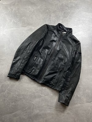Strellson Leather Biker Zip Jacket 2000s Black Size 48