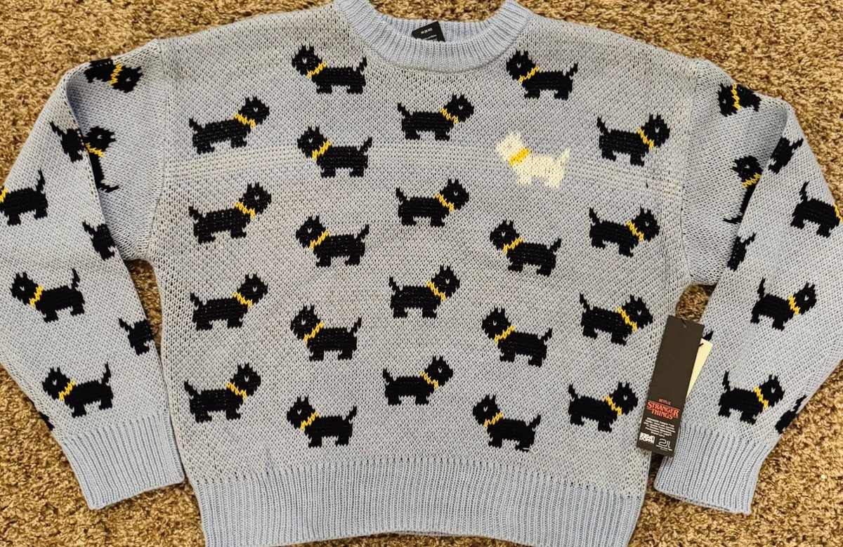NWT Stranger Things L Episode 5 Scottie Dog Knit Sweater Blue