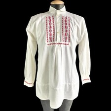 Men's Hungarian White Polycotton Red Blue Embroidered Wide Sleeve Folk Shirt