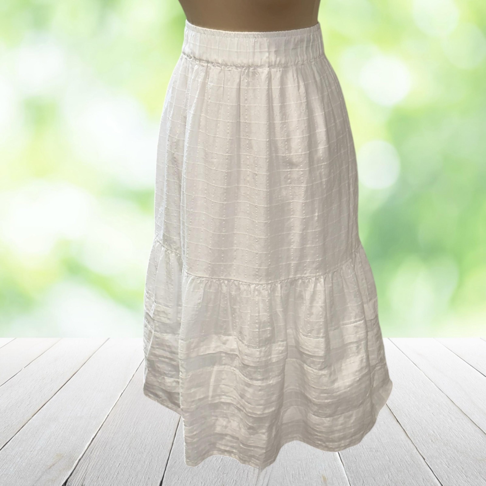 MADEWELL Midi Skirt White Cotton Windowpane Tiered Lined Prairie Boho Beachy M-image