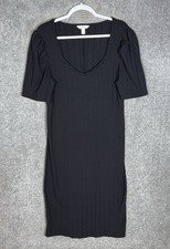 Nine West Ribbed Midi Dress Womens Size XL Black Stretch Puff Sleeve Pullover