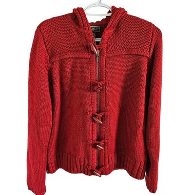 Eddie Bauer Woman SZ L Chunky Wool Blend Knit Hooded Sweater Zip & Toggle Nature