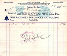 Layton & Owens Bridgeville Delaware 1912 Billhead Box Shooks Building Material