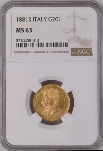 ITALY , GOLD 20 LIRE 1881 R NGC MS 63 , RARE2