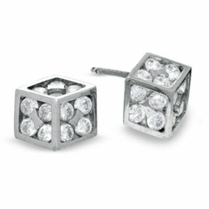 Authentic Simulated Diamond Dice Stud Earrings 14K White Gold Plated Sterling Silver