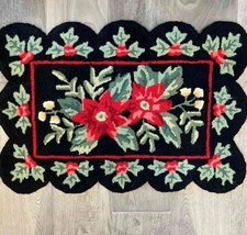 Lovely Vintage Poinsettia Hooked Rug - 29" x 20"  Great Quality and Design