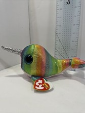 Ty Beanie Boo Nori Narwhal Whale 6  Plush Rainbow With Tag Protector Stuffed
