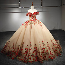 Elegant Quinceanera Dress Off Shoulder Flower Appliques Glitter Tulle Ball Gown