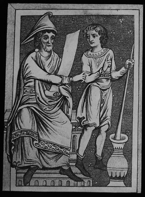 A MEDIEVAL PHYSICIAN & APPRENTICE C1890 Magic Lantern Slide MEDICINE PICTURE
