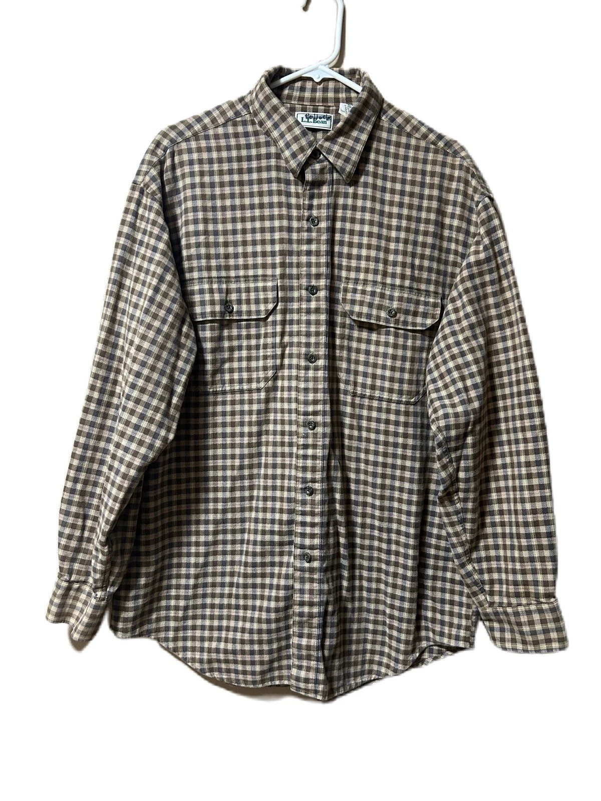 Vintage LL Bean Men's Sz Large Brown Plaid Flannel Outdoor Shirt 100% Cotton