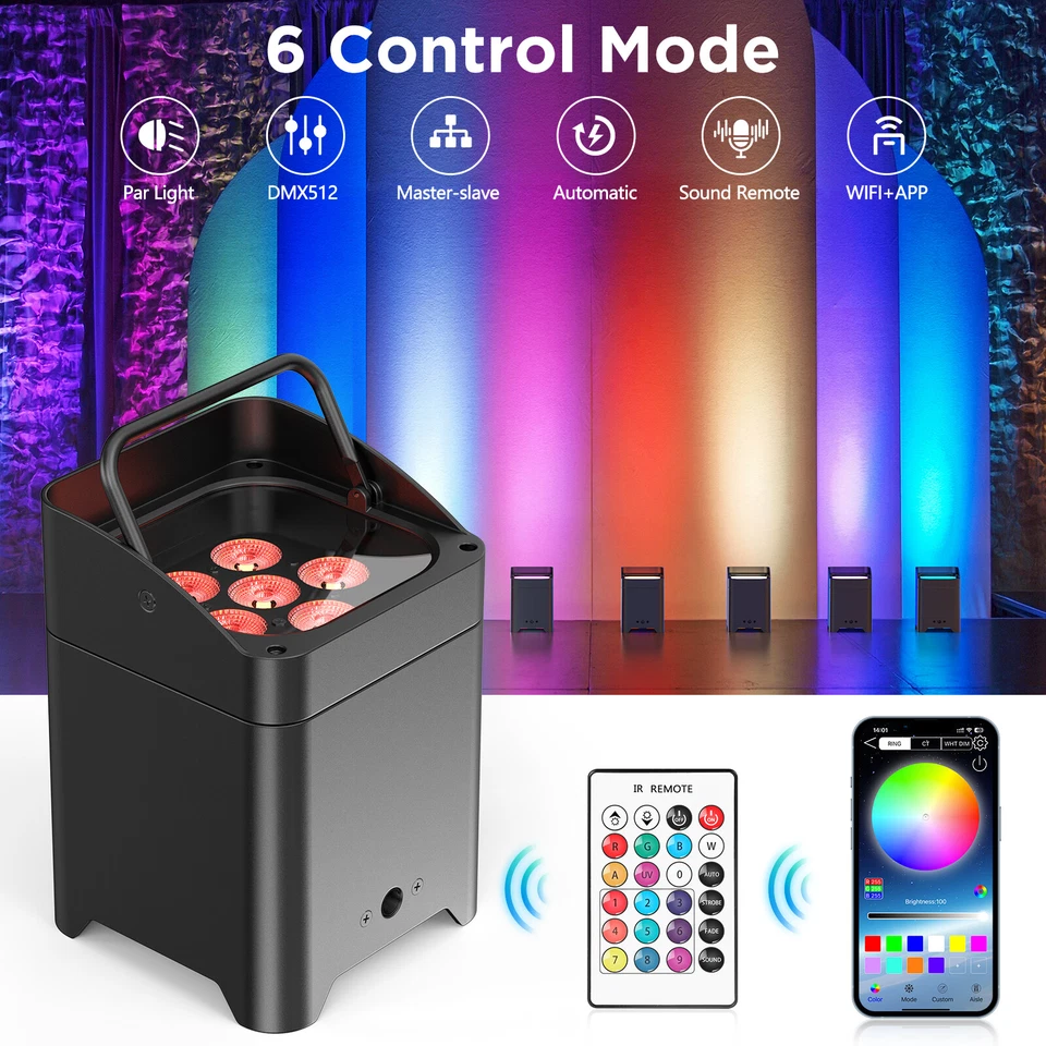 LED 6x18W RGBWA+UV Battery Powered WIRELESS DMX Par Can DJ Uplighting Up Lights - Image 4 of 4