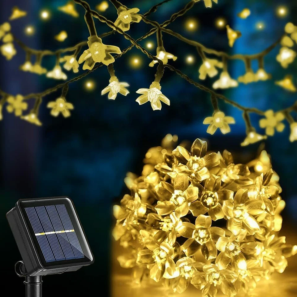 100/200 LED Solar Fairy Cherry Blossoms String Lights Outdoor Garden Party Decor