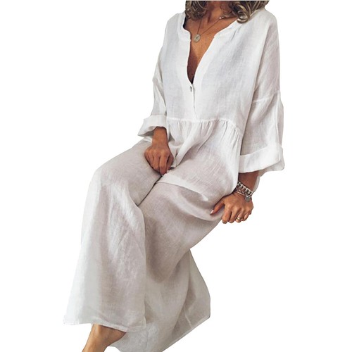 Kaftan Women Cotton Linen V Neck Baggy Maxi Dress Loose Long Sleeve Dress Autumn - Picture 13 of 27