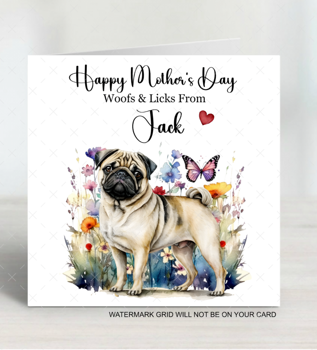 Mothers day card personalised Mothers day card Dog Pug Dog Card