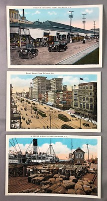 3 1920s NEW ORLEANS Canal Street FRENCH MARKET Levee Postcard Antique EXCELLENT