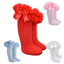 GIRLS FRILLY TUTU SOCKS LONG KNEE HIGH FANCY SPANISH WHITE PINK KIDS BOW SOCKS