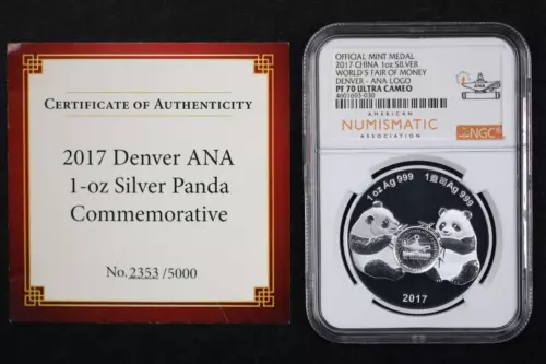 2017 China Panda 1 OZ Silver NGC PF 70 World's Fair Of Money Denver ANA w/ COA