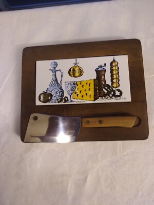 VTG Cheese Cutting Board/Stainless Steel Cleaver&Ceramic Tile On Wood/Magnet