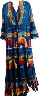 Peace + Love Dress Tie Dye Made in Indian Bead Ruffles Boho Cotton Size L