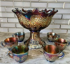 8 Pc. Fenton Cobalt Carnival Glass Orange Tree Punch Bowl on Stand Set Six Cups!