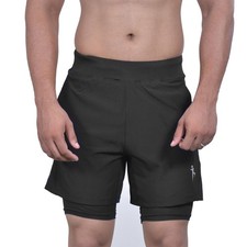 2-in-1 Men's Compression Shorts Gym Running Workout Activewear Two Front Pockets