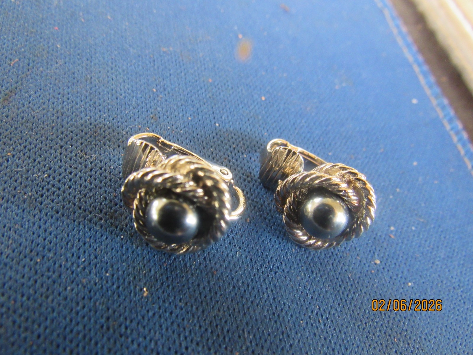 Vintage Sterling Silver Clip On Earrings Stone Hematite With Swirl Pattern