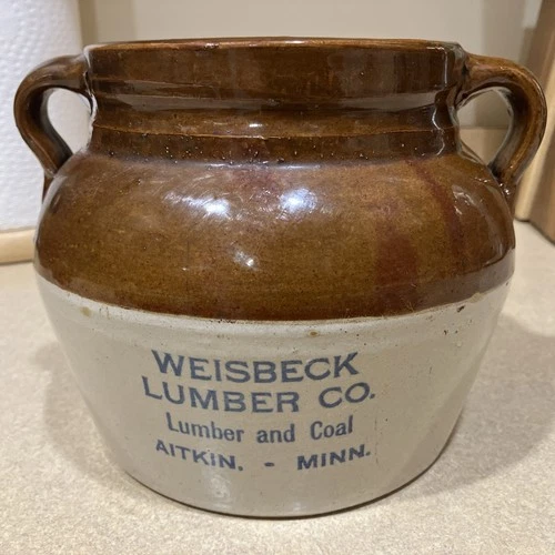 Red Wing Pottery Vintage Advertising Bean Crock Weisbeck Lumber Aitkin Minnesota