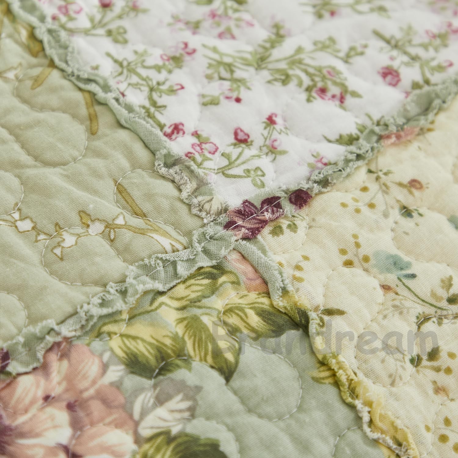 King Size Quilt Set Cotton Patchwork Quilts Green Rose Floral Quilted Comfort...