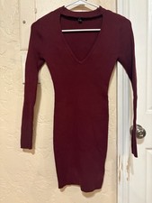 G by Guess Low V-Neck Fitted Sweater Dress Sexy Burgundy Red, Women - Size: XS
