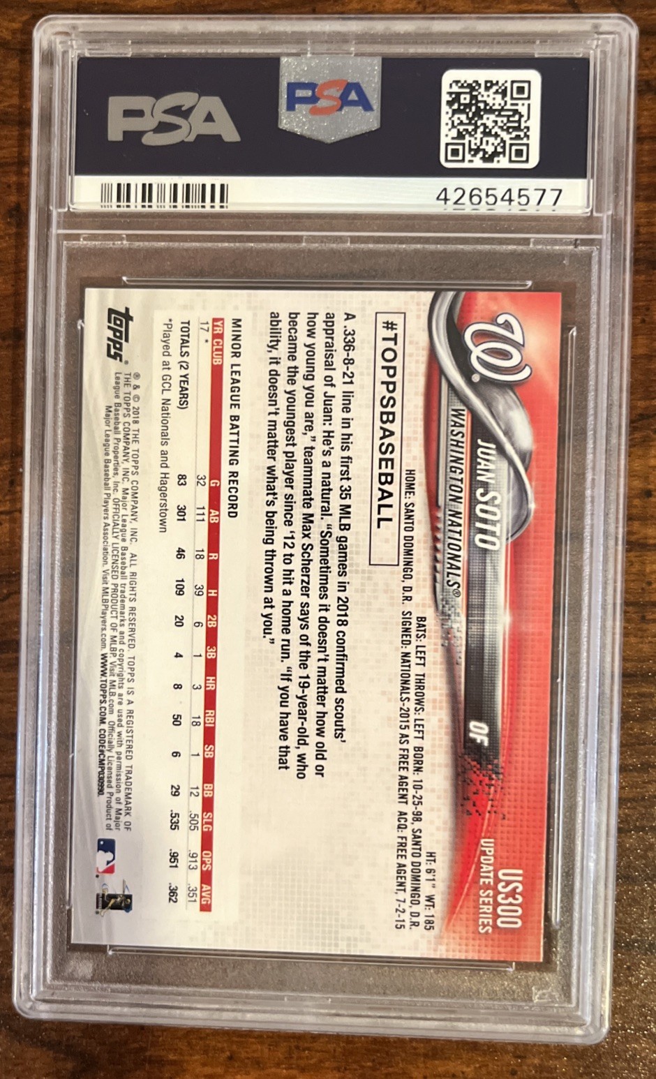 2018 Topps Update Series - Juan Soto #US300 Rainbow Foil (RC) PSA 10 view 2