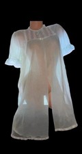 KOMAR Vintage Green Peignoir Shiny Trim Lace Tie Button Embroidery Nightgown S/M