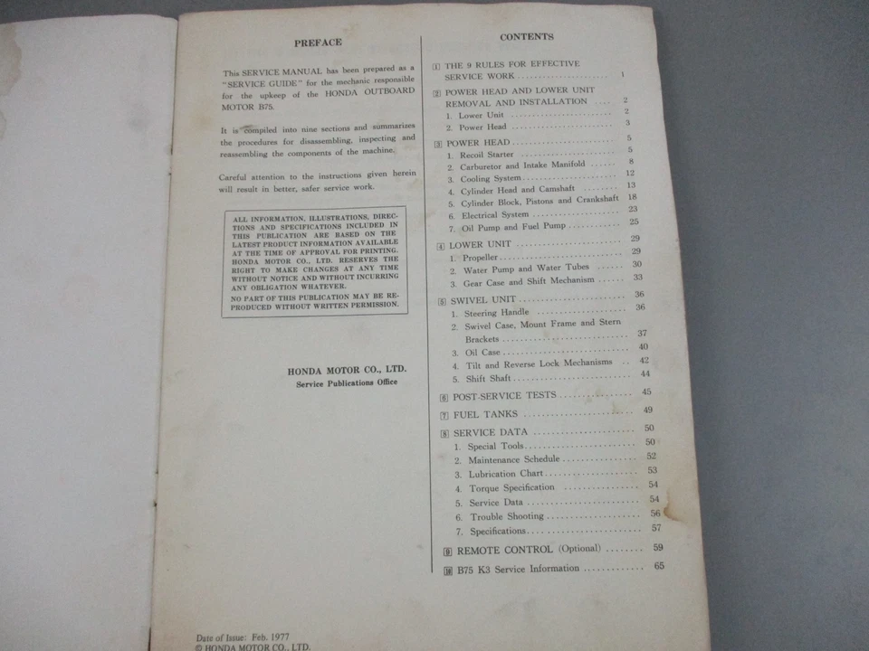 Shop Manual Honda Outboard Motor B75 K2 6193502 OEM 1976 1977 - Image 3 of 4