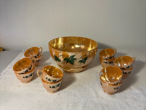 Vintage Anchor Hocking Fire-King Glass Peach Lustre Leaf Punch Bowl And Cups