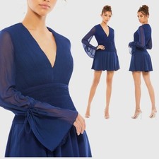 Mac Duggal Ieena 26411 BLUE Pleated Mini Dress Size 2 Bell Sleeves Chiffon NWT
