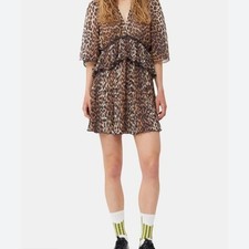 Ganni Leopard Print Pleated Mini Dress Womens size 36 V Neck Quiet Luxury