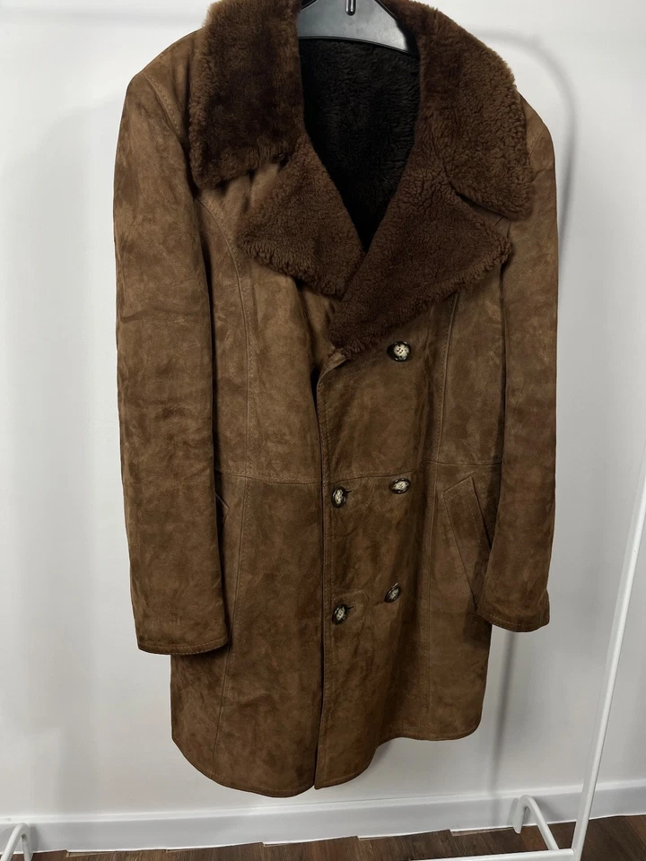 Vintage Brown Shearling Suede Coat Genuine Leather Double Breasted Fur Lined - Image 4 of 4