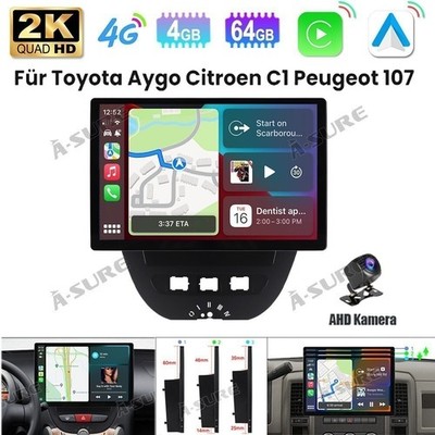 13'' 2K 8-Core Android 14 Autoradio CarPlay Kam Navi Für Toyota Aygo Peugeot 107