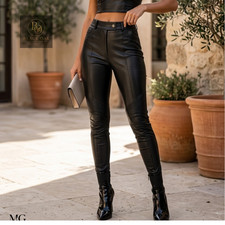 Women's Genuine Lambskin Leather Leggings High Waist Slim Fit Skinny Pants