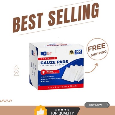 100pc Sterile 4x4 Gauze Pads - Soft & Breathable Cotton Woven for Wound Care