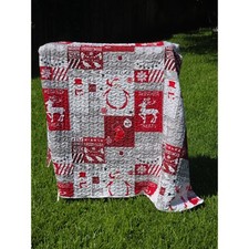 Newspin Christmas Quilt Reversible Santa Reindeer Holiday Patchwork Red Grey