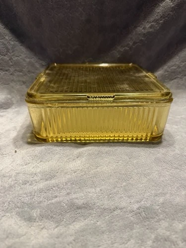 Vintage Federal Amber Glass Refrigerator Dish w/Lid Square 8.5"