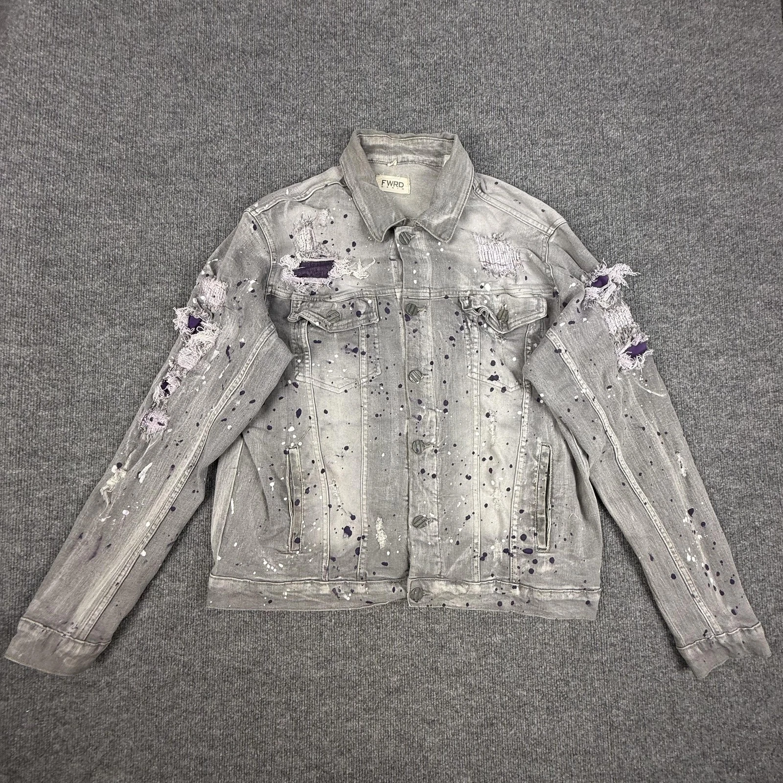 FWRD Denim Jacket Mens 2XL Gray Distressed Paint Splatter Biker Grunge Rock